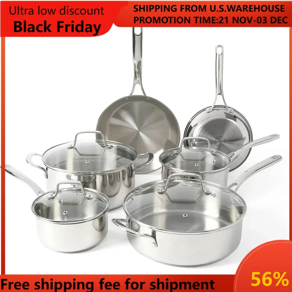 Castelle 10 Piece 18/8 Stainless Steel Induction Safe Pots and Pans Non-Toxic Cookware Set Kitchen Gadgets Cooking Tool Set Pot