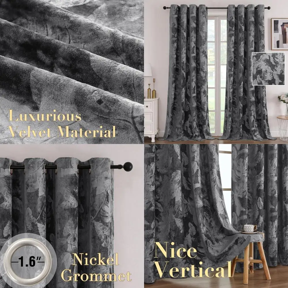 

Thermal Insulated Velvet Curtains with Embossed Floral, 96 Length, Dark Gray, 2-Panel Room Darkening Drapes for Bedrooms
