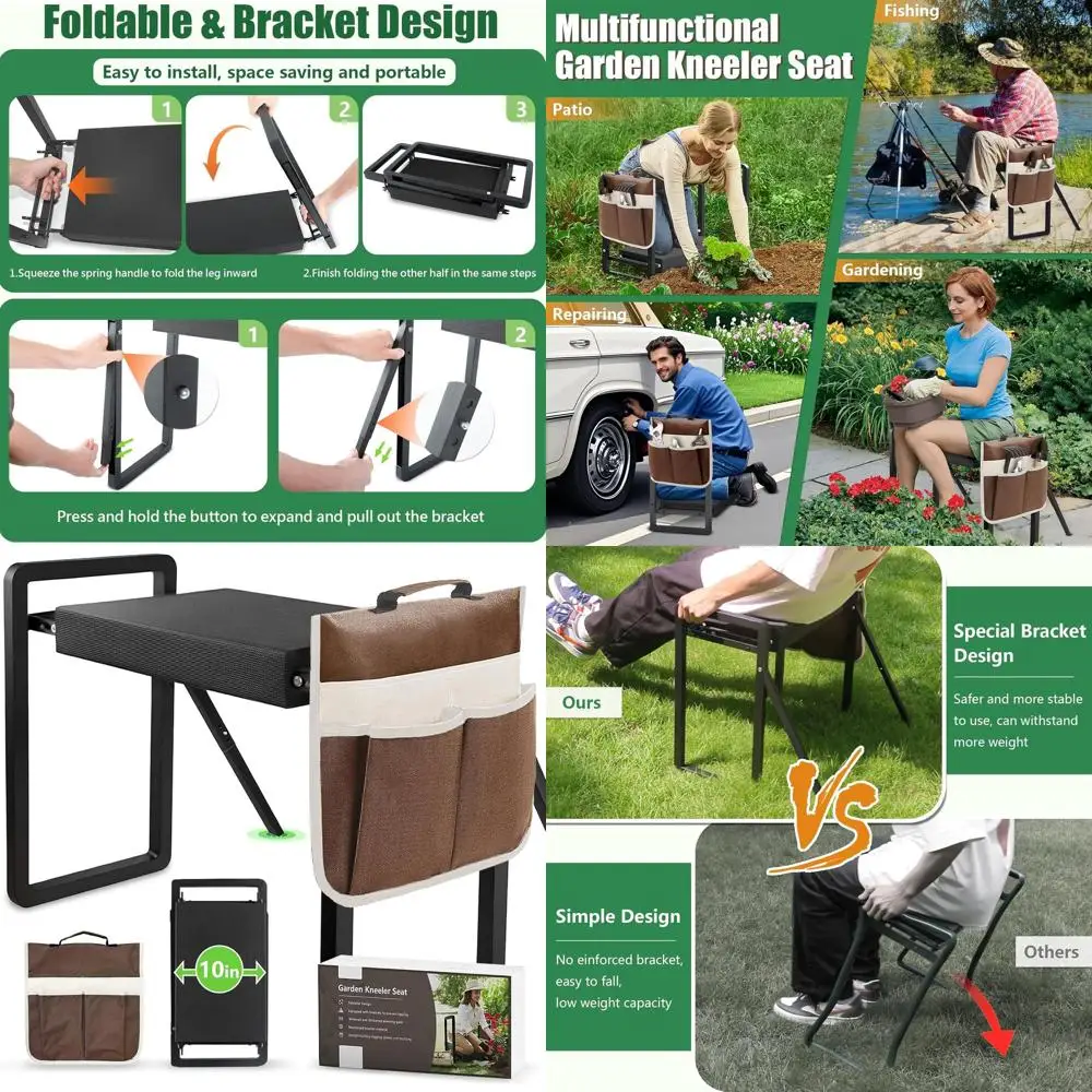 

Durable Foldable Garden Kneeler & Seat with Tool Bag, Cushioned Anti-Tip Bench, Ideal Gardening Gift for Women (Gloves Not Inclu