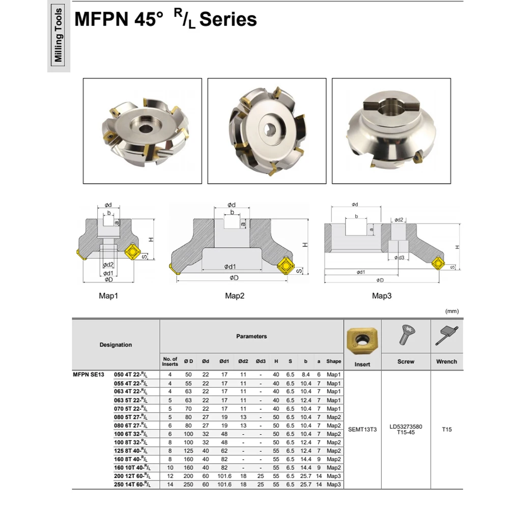 ดอกกัดปาดหน้าแบบป้อนสูง 45 องศา MFPN MFPN45 พร้อมเม็ดมีดคาร์ไบด์ SEMT SEMT13T3  SEMT13T3AGSN สำหรับเครื่องกัดซีเอ็นซี