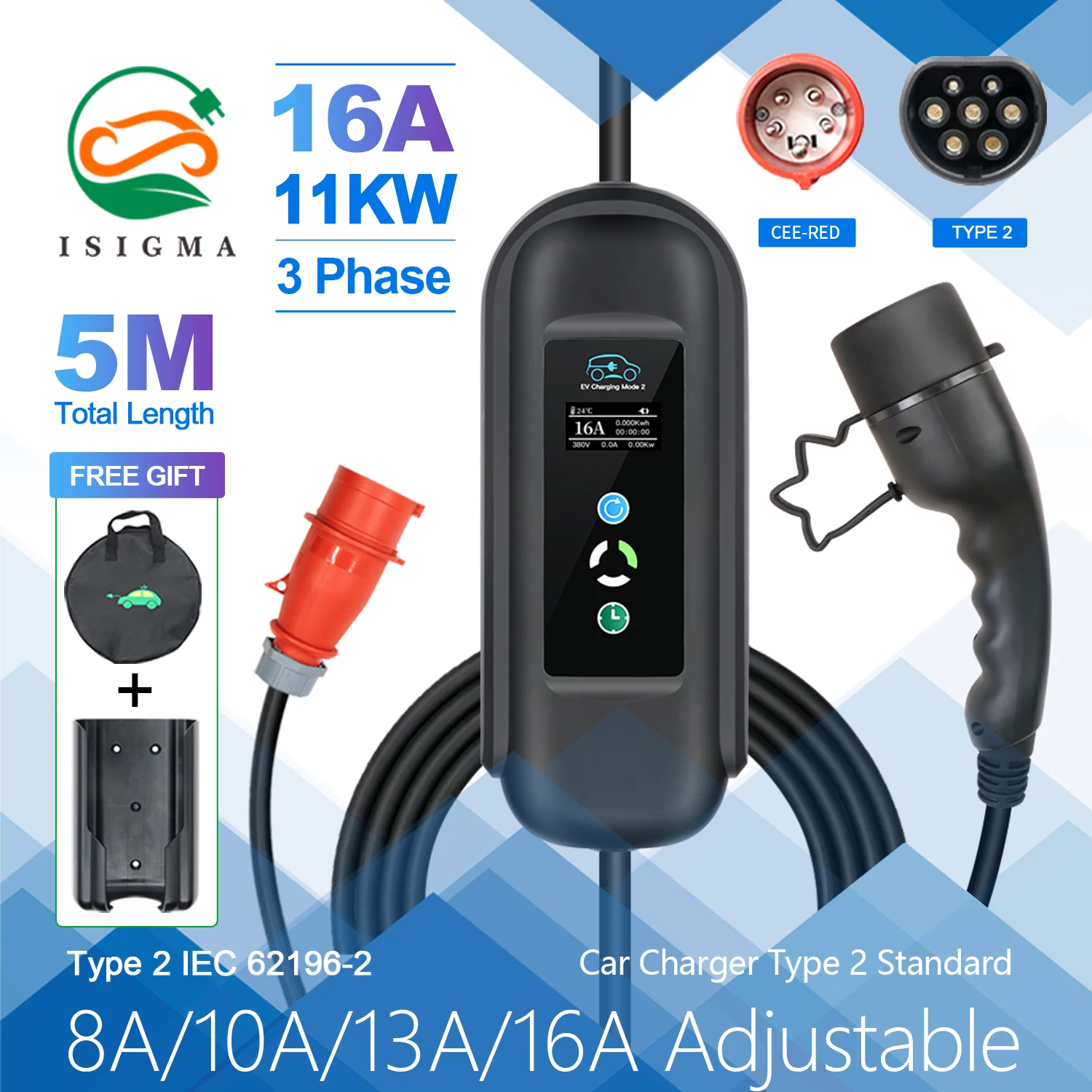 

ISIGMA Портативное зарядное устройство для электромобилей 16A 11KW Type 2 с разъемом IEC-62169, кабель 5 м, регулируемый таймер тока, зарядка для гибридного электромобиля