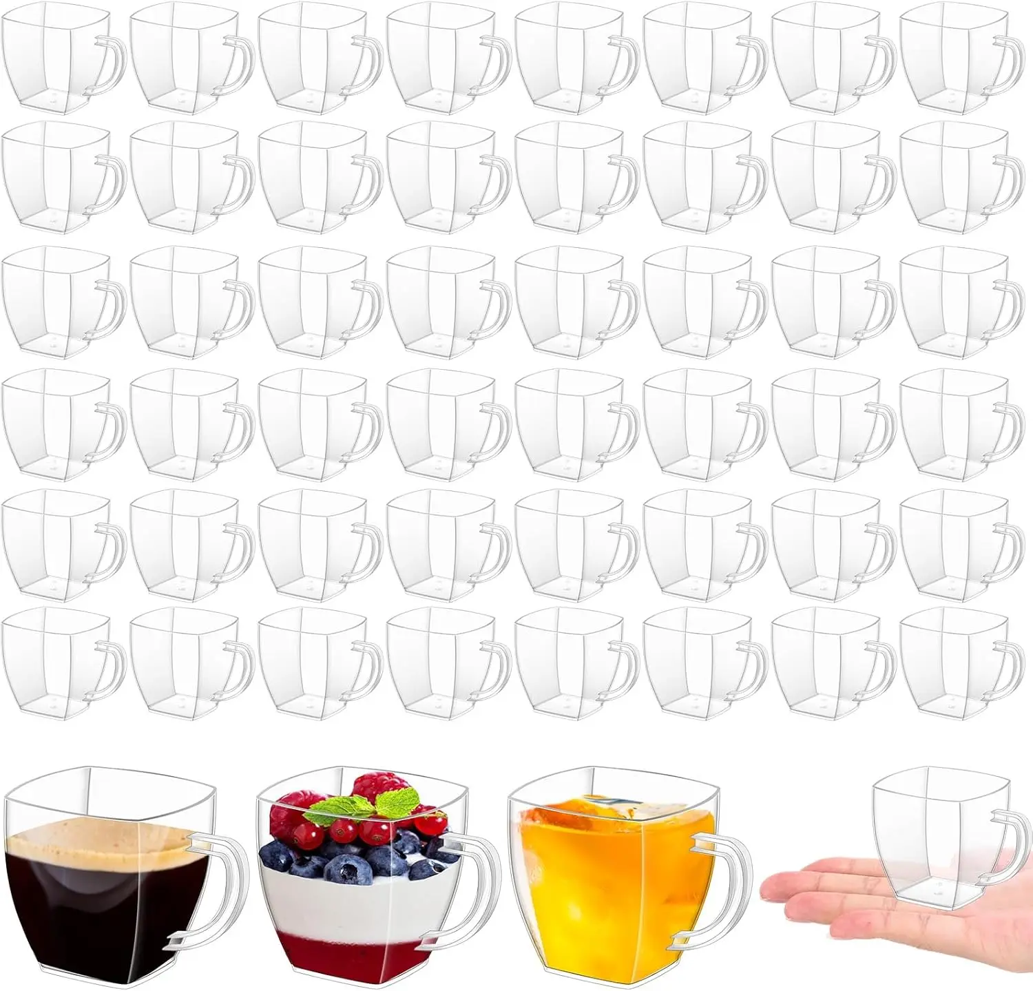 50 Pcs Disposable Tea Cups Mini Plastic Tea Cup Bulk with Handle Hard Plastic Coffee Mug Disposable Square Espresso Mug