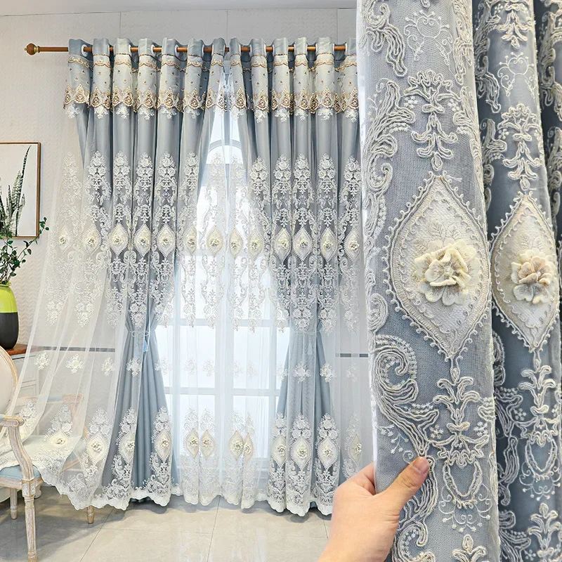 

European Luxury Embossed Embroidery Curtains for Living Room Classical Magnificent Cloth and Tulle Integrated Shading Curtains