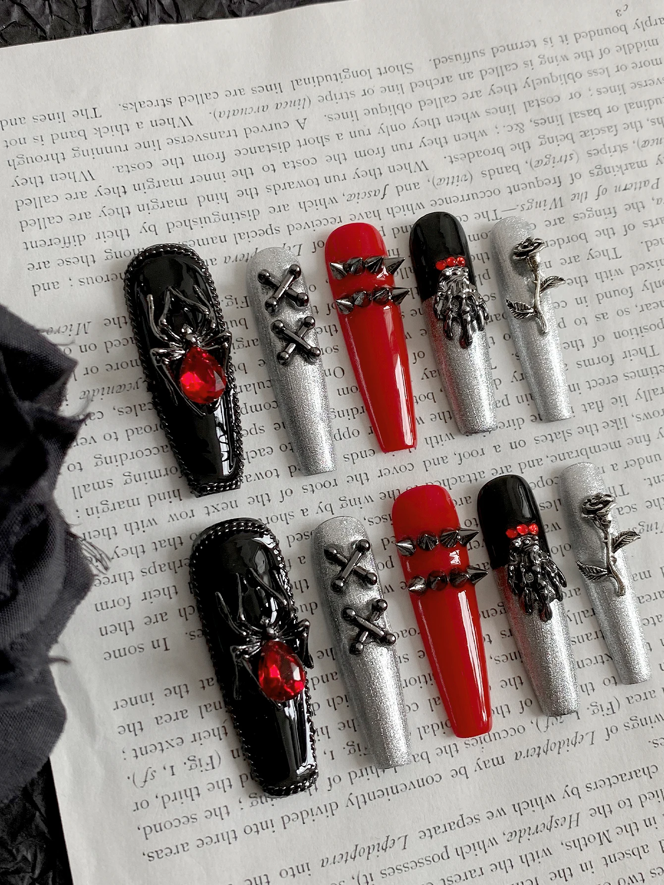 Handmade Gothic Press On Nails, Long Coffin Fake Nails with Spider, Red Rhinestone, Rivet & Metal Rose Charms - view 3