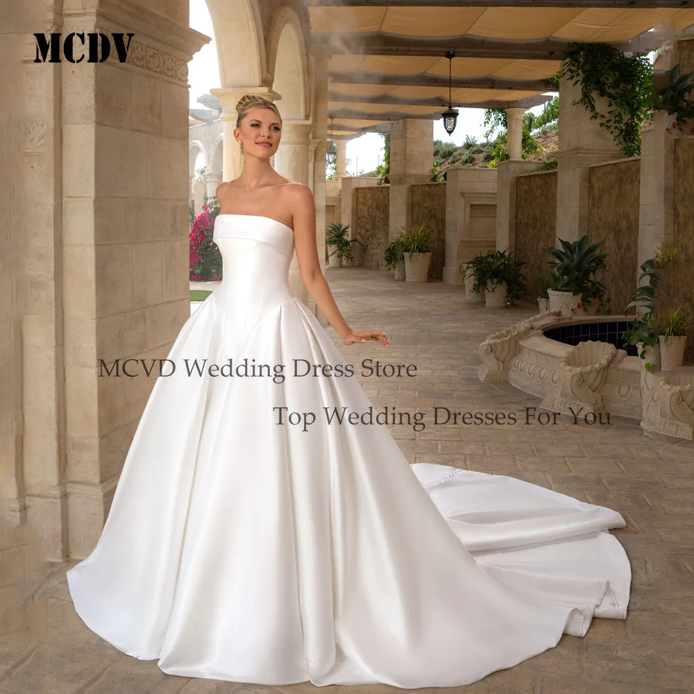 MCDV Exquisite A Line Sexy Wedding Dresses Sleeveless Satin Pleat Bride Gowns 2025 Sweep Train Vestidos De Novia Customized