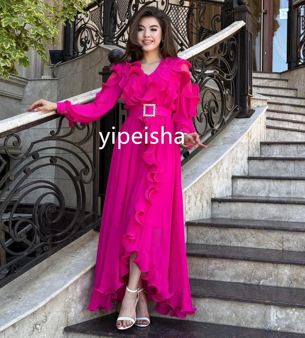 Casual Chiffon Pleat Sash A-line V-neck Midi Dresses Homecoming  Classic Exquisite Modern Style Pastrol High Quality