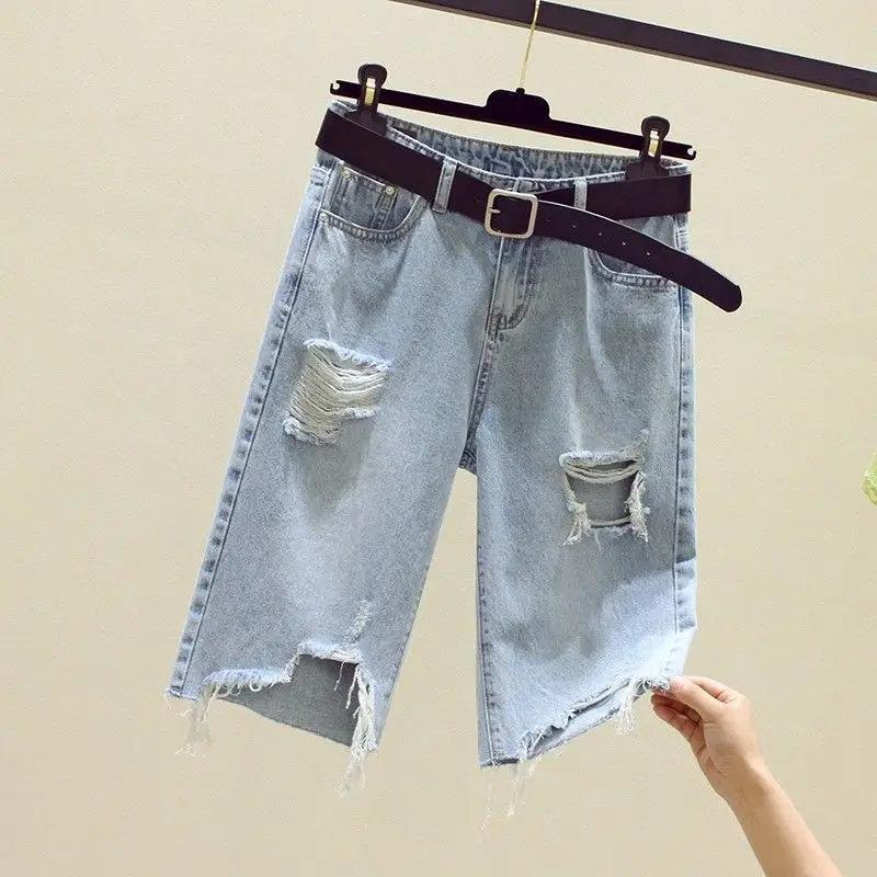 Kemeja Tabir Surya Abu-abu Sifon Baru Musim Panas Wanita 2025 + Rompi Rajut + Celana Pendek Denim Berlubang Set 3 Potong Celana Elegan Korea Setelan 2 Potong
