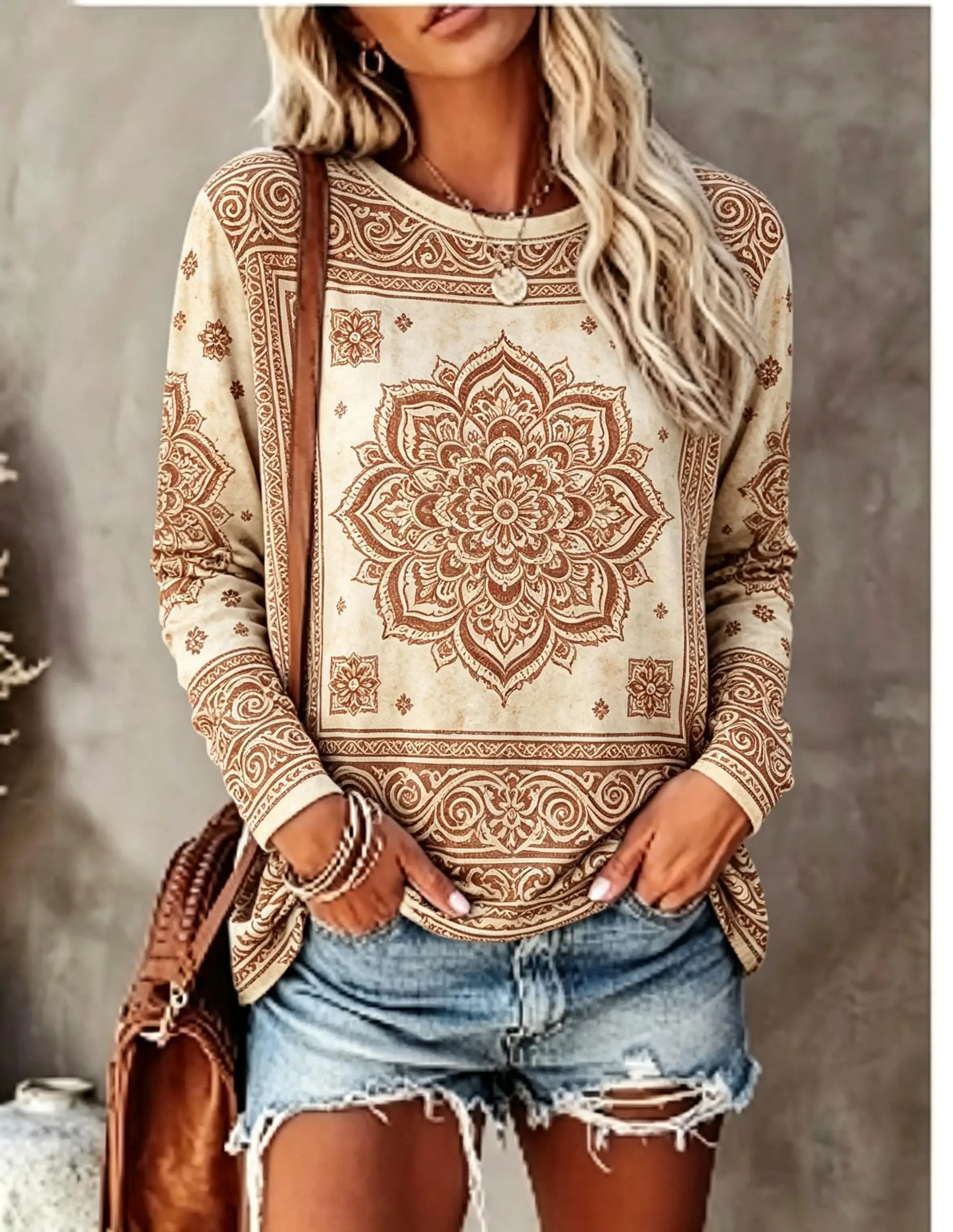 Women Long Sleeve T‑Shirt Mandala Floral Ethnic Vintage Boho Print Crew Neck Casual Fall Tops
