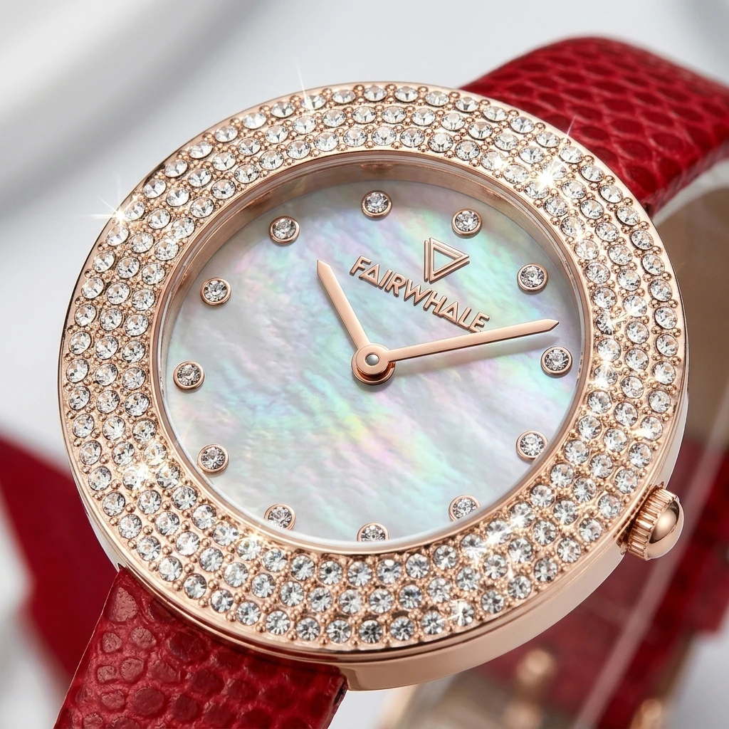 Fairwhale Ladies Quartz Watch Round Mother of Pearl Dial Double Layer Rhinestone Bezel Leather Strap Female Wristwatch