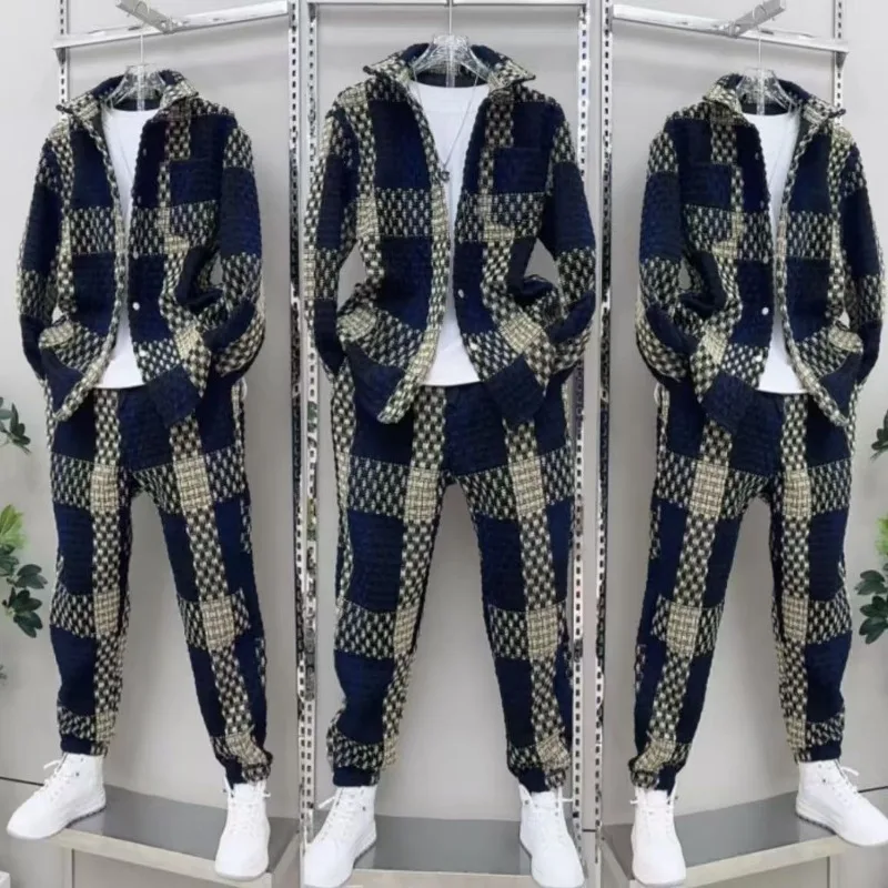 الجديد الخريف والشتاء الرجال عارضة العصرية مجموعة قطعتين الكورية نمط معطف قميص المتناقضة اللون يطبع الأزياء العصرية جدا #2