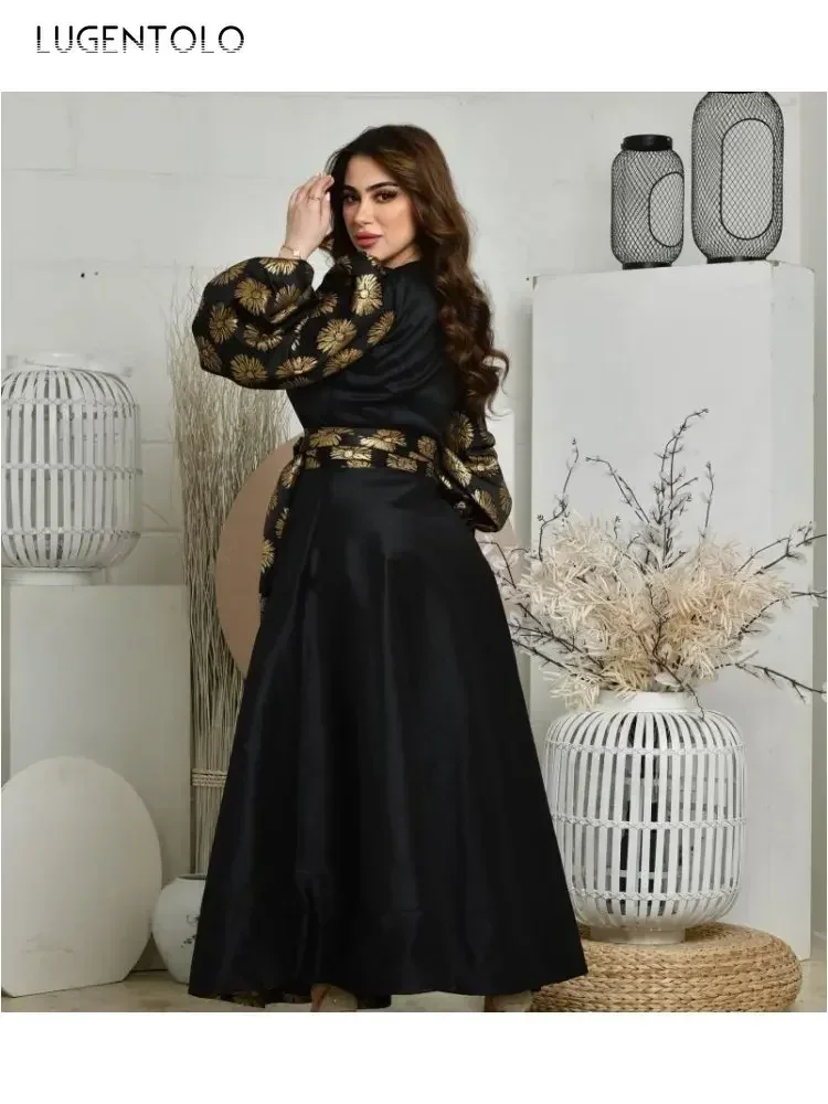 여성 섹시한 드레스 빅 스윙 긴 퍼프 슬리브 블랙 레이스 업 인쇄 골드 새틴 파티 봄 여름 레이디 우아한 맥시 의류