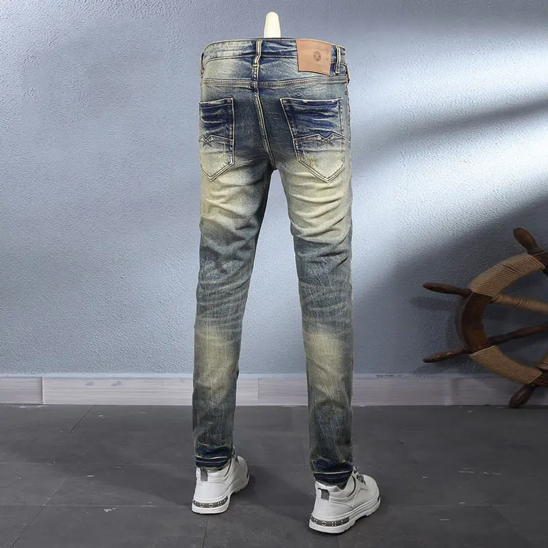 Latest Italian designer fashion new men's retro blue jeans stretch slim fit retro washed jeans hip-hop brand high-quality pants