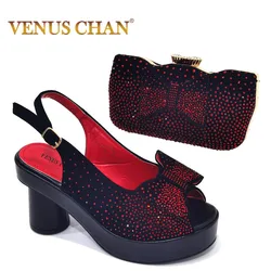 Red Color 2024 Fashion Square Heels with Platform African Women Shoes and Bag Set Full Crystal Pumps for Wedding Party