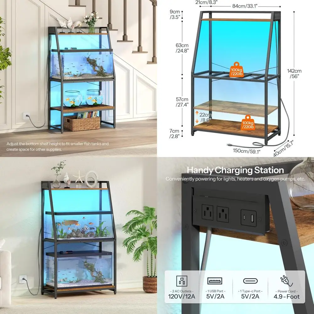 

Heavy-Duty 20-29 Gallon Aquarium Stand with LED Light and Outlets, Rustic Brown, 33.1L x 15.7W, 300 lbs Capacity