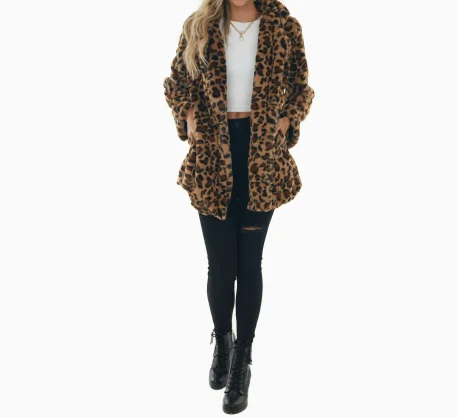 New Women's Coats Winter Clearance Women Loose Leopard Print Stitching Leather Mid-length Long Sleeve Coat Jacket With Pocket