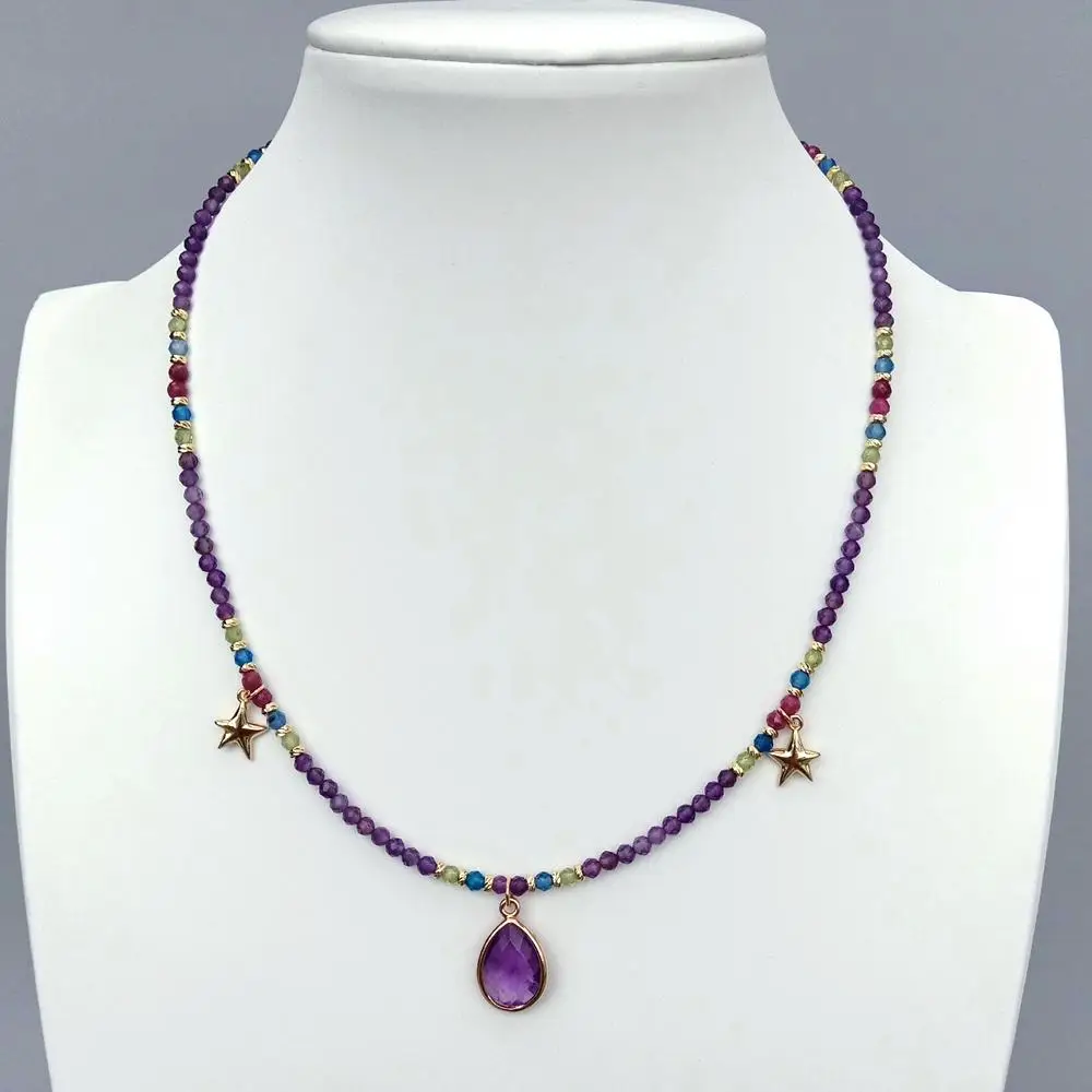 KKGEM3mm 작은 페르시 마노 루비 페리도트 초커 12x15mm 보라색 자수정 펜던트 참 목걸이 천연석 쥬얼리