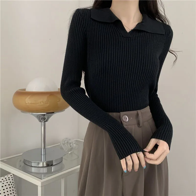 Xpqbb Women Sweater and Pullover Vintage Slim V-neck Long Sleeve Knitted Sweaters Female Korean Chic Elastic Ribbed Jumpers Tops