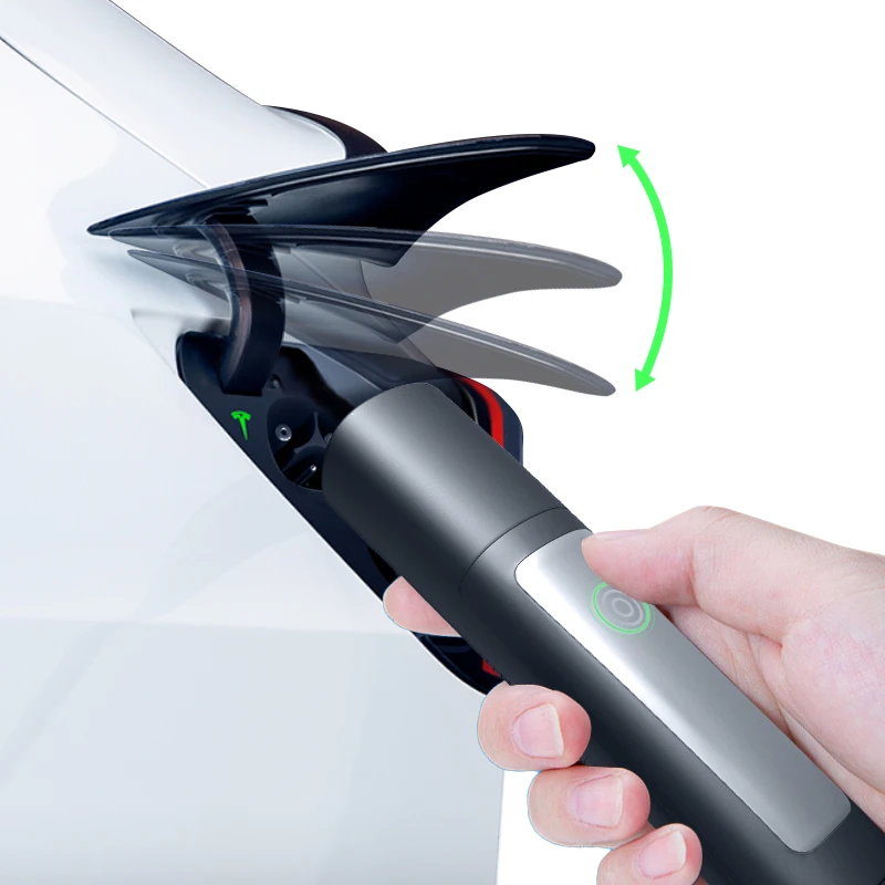 Tesla portable EV charger Press and release the button on the Tesla charge cable to open the charge port door