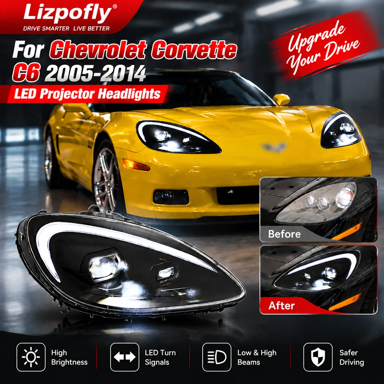 Lizpofly For Chevrolet Corvette C6 2005-2014 LED Projector Headlights DRL Daytime Running Lights Front Lamp Assembly Upgrade