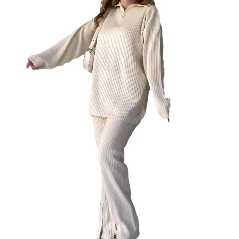 Women Pant Sets Two Piece Long Pants Solid Knit Splice Full Sleeve Zipper Thick Cardigan Sweaters Pullover Elegant Office Lady