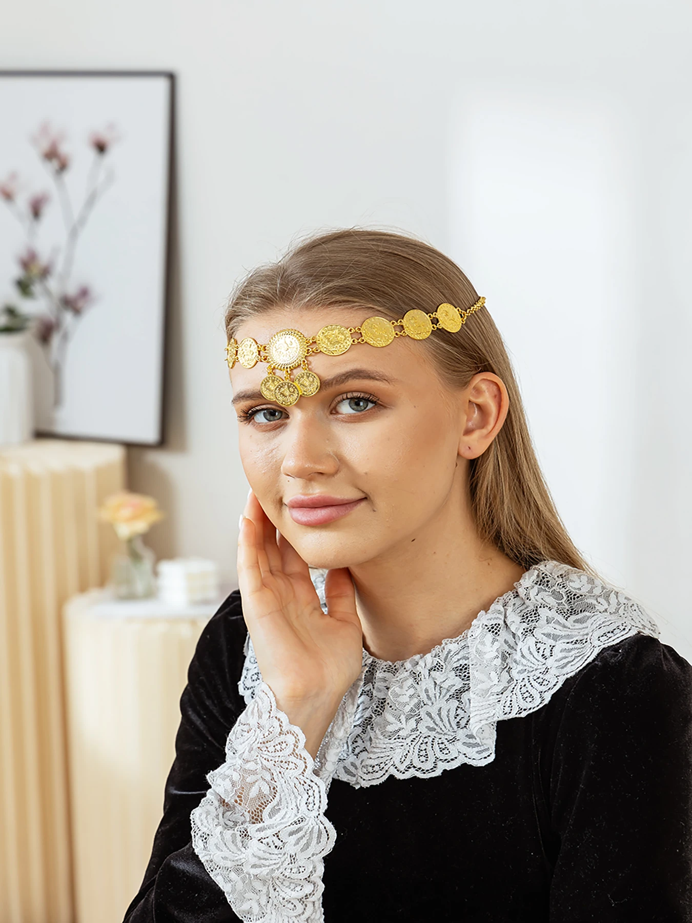 غطاء رأس الزفاف العربي العصري الذهبي اللون سبائك معدنية عملة شرابة رئيس سلسلة مجوهرات عقال المرأة اكسسوارات الزفاف #3