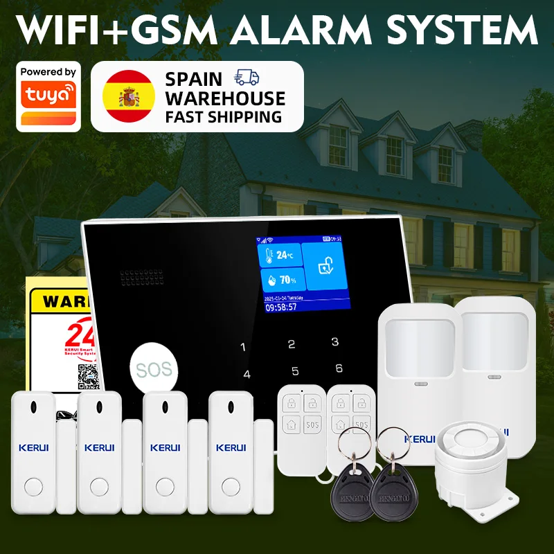 Sistema de Alarma KERUI WIFI GSM, Compatible con 3 Zonas Cableadas, Alarma Antirrobo para el Hogar, Funciona con Tuya Smart, Sensor PIR de 433mhz, Protección de Seguridad
