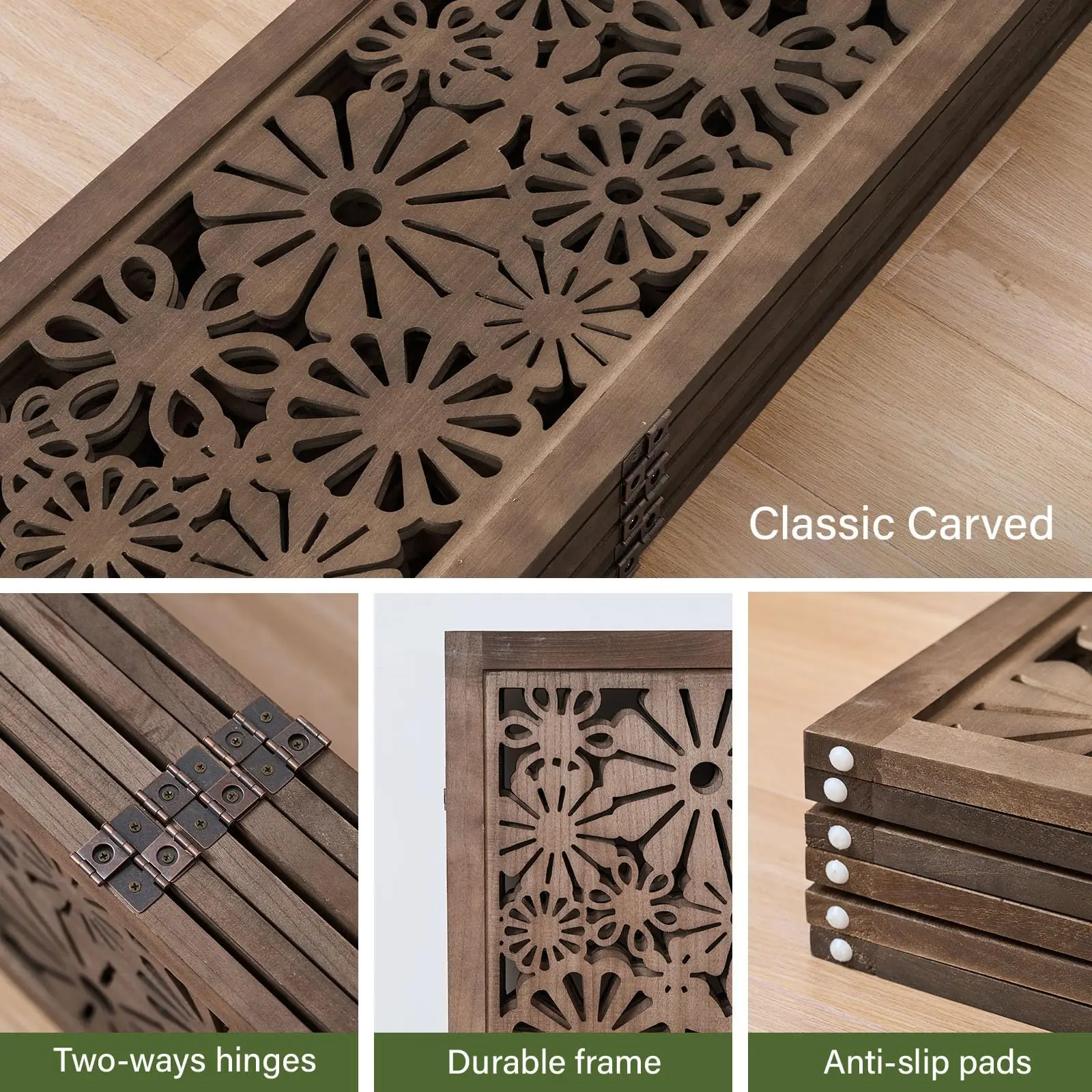 Folding Wood Room Divider Panel, 67 Inch Tall Daisy-Carved Privacy Sn - No-Assembly Required, Decorative Flower Carved