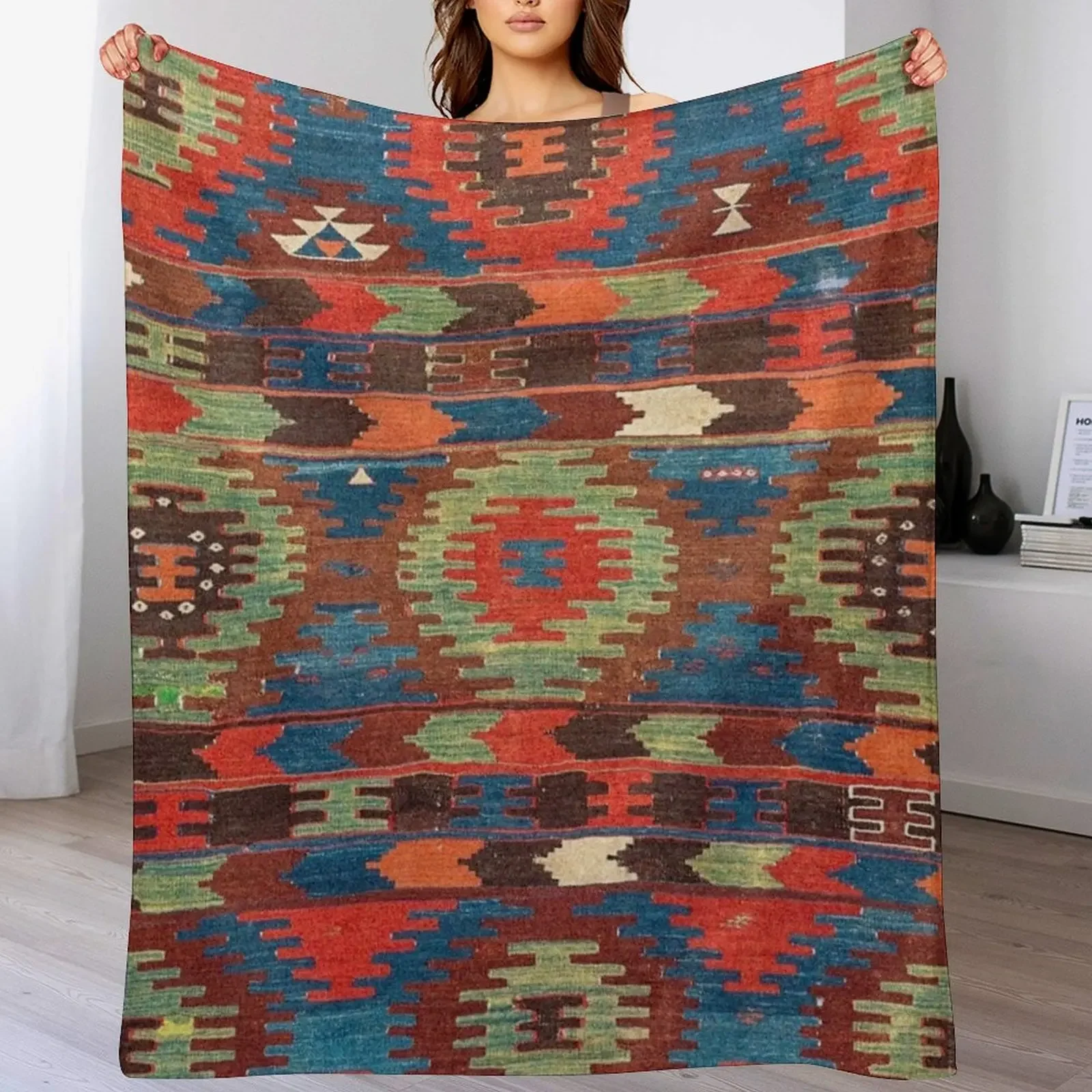 

Tuscan Shapes I // 19th Century Southwestern Colorful Red Blue Orange Green Brown Ornate Rug Pattern Throw Blanket