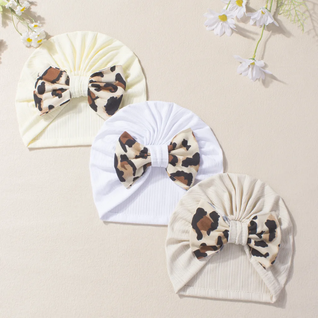 

Cute Leopard Prints Baby Hat Girls Bowknot Cap Kids Beanie Newborn Photography Spring Autumn Infant Turban Children Props