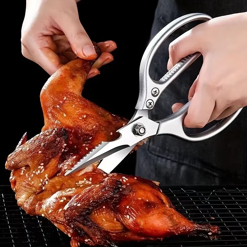 1 conjunto de tesouras de cozinha multifuncionais, aço inoxidável 304 afiado resistente, acessórios de cozinha de apartamento prateados, frango,