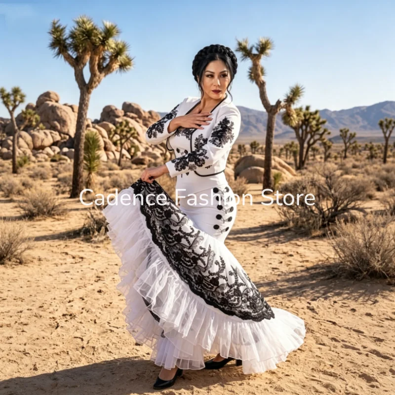 White Mermaid Ball Gown Traditional Strapless with Jacket Flamenco Black Embroidered Ruffled Formal Evening Dress Customized