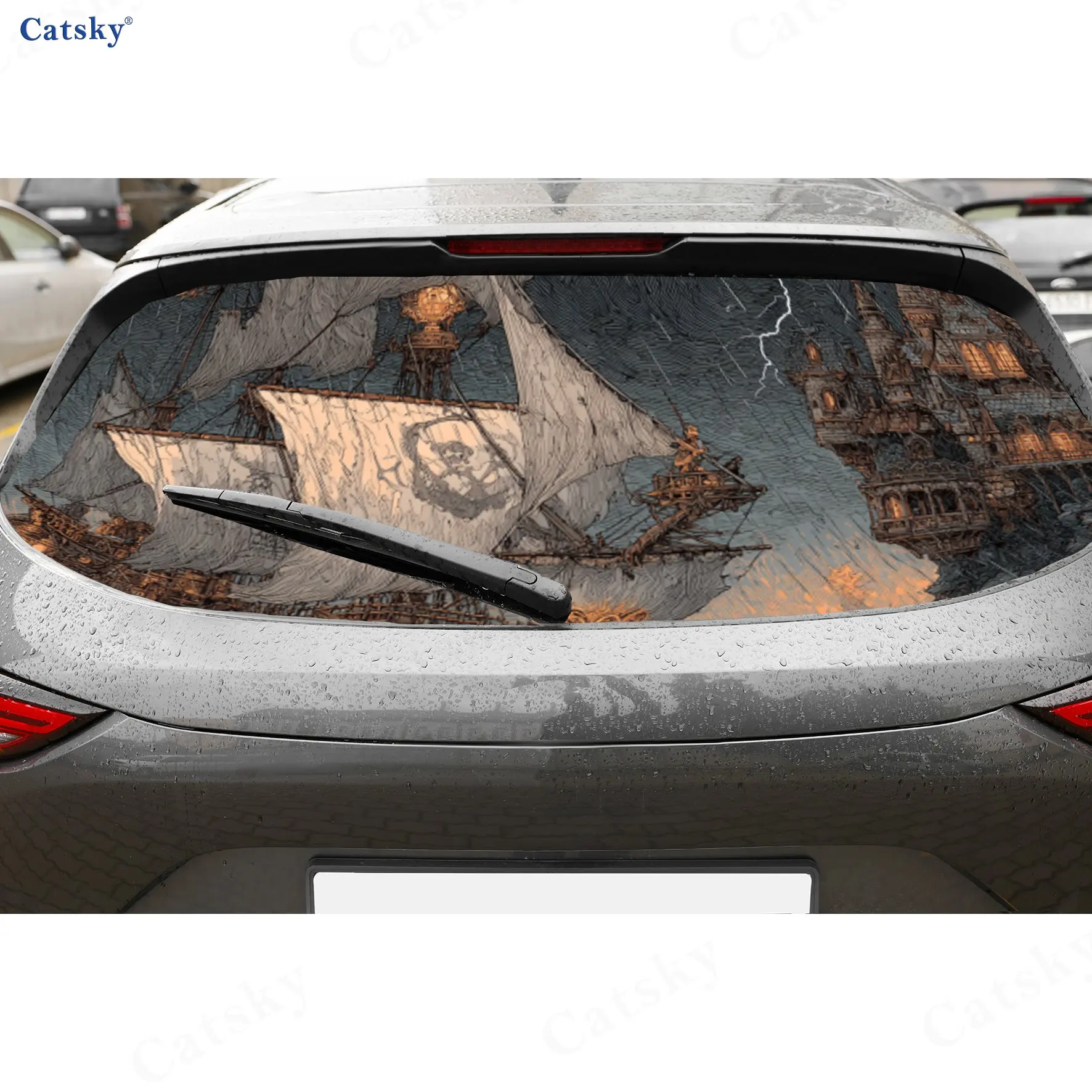 

Stormy Pirate Ship Adventure ПВХ перфорированные автомобильные виниловые обертывания, прочная наклейка на заднее лобовое стекло автомобиля, водонепроницаемая наклейка на заднее окно автомобиля