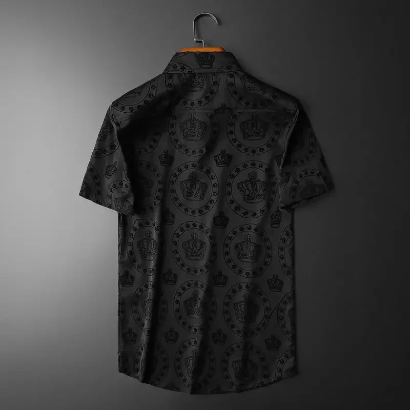 

Luxury Black Crown Flocking Short Sleeve Shirt Men Summer Top Shirts Business Formal Dress Camisa Social Masculina Flower Shirt