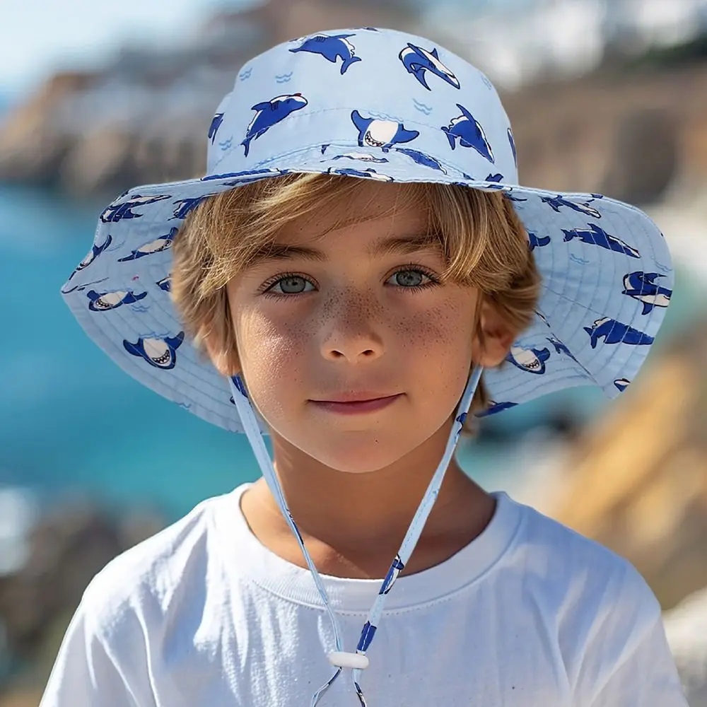 Dinosaur Shark Pattern Children's Sun Hat Breathable Quick-Dry Beach Hat Adjustable Kids Bucket Hat with Chin Strap