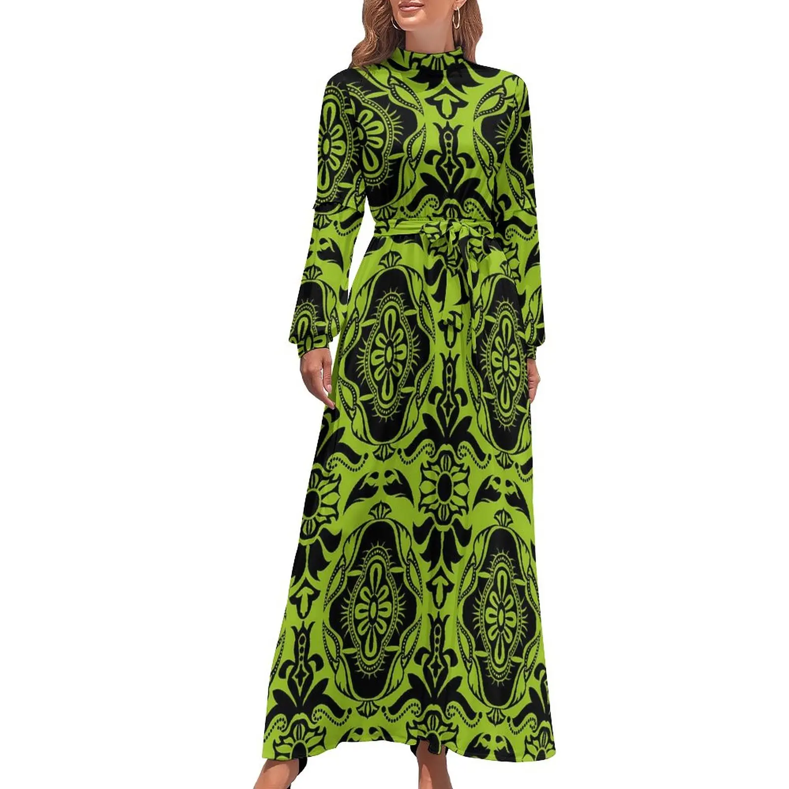 Halloween Damask Dress High Waist Green and Black Printed Bohemia Dresses Long-Sleeve Aesthetic Long Maxi Dress Elegant Clothes