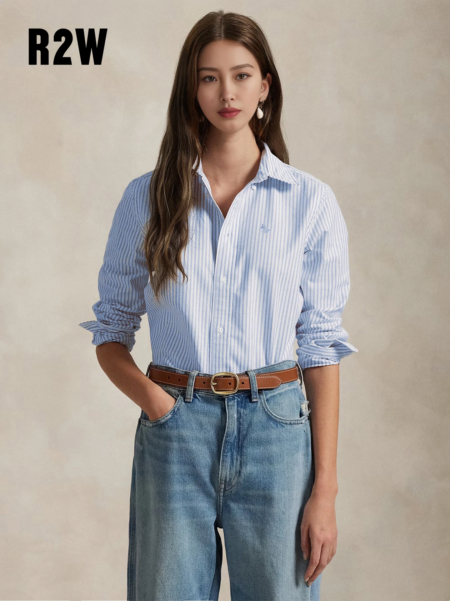 R2W Classic American Style Pure Cotton Oxford Cloth Striped Casual Shirt Women's Shoulder Fit Waist in Commute Shirt