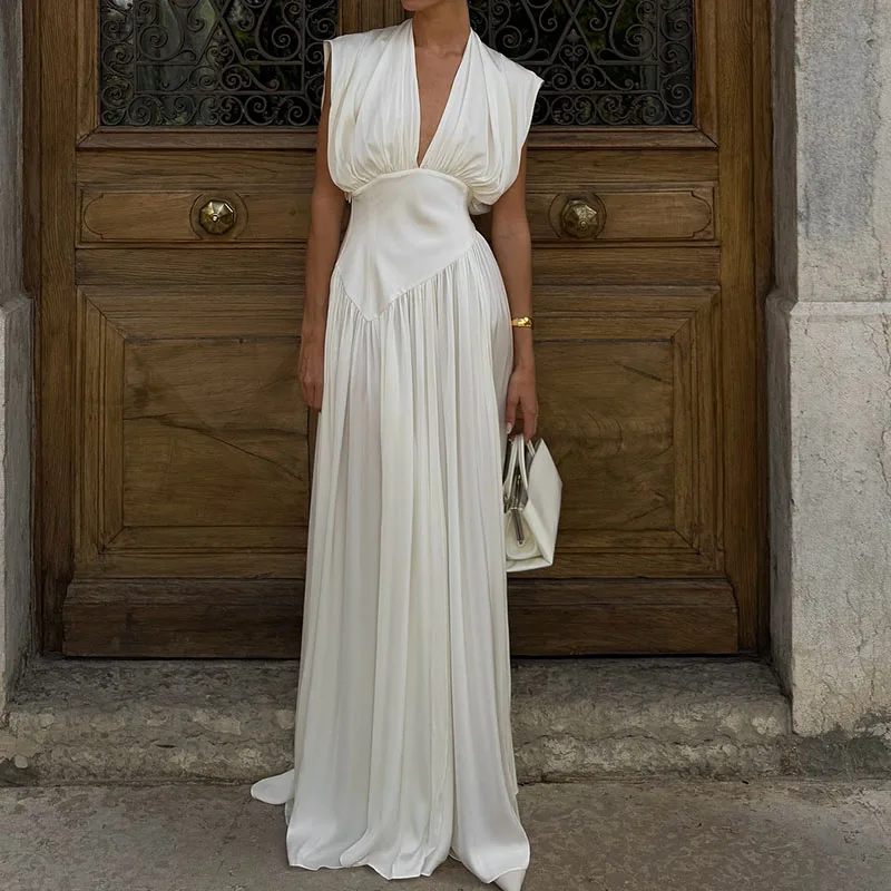 Elegancka sukienka z wysokim stanem, rozcięciem, satynowa, na koktajl, seksowna, z głębokim dekoltem w serek, bez rękawów, plisowana, wieczorowa, vestidos.