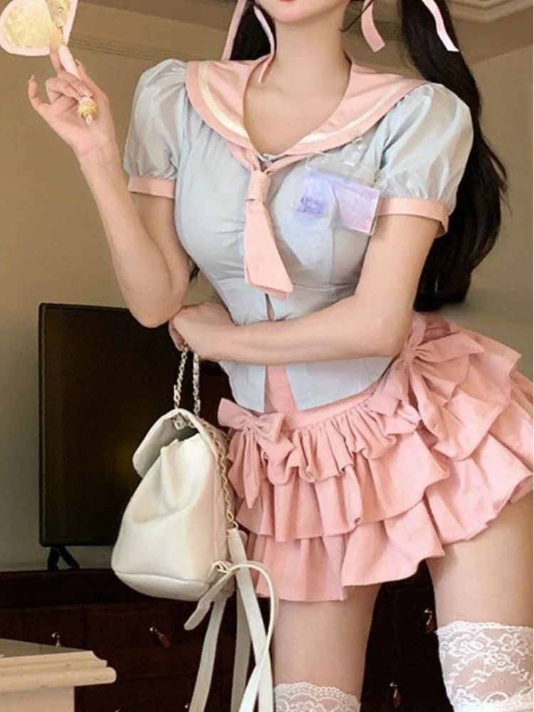 

Kawaill Sweet Casual 2 Piece Dress Set Women French Y2k Crop Tops + Bow Bodycon Mini Skrits 2023 Summer Korean Fashion Suits