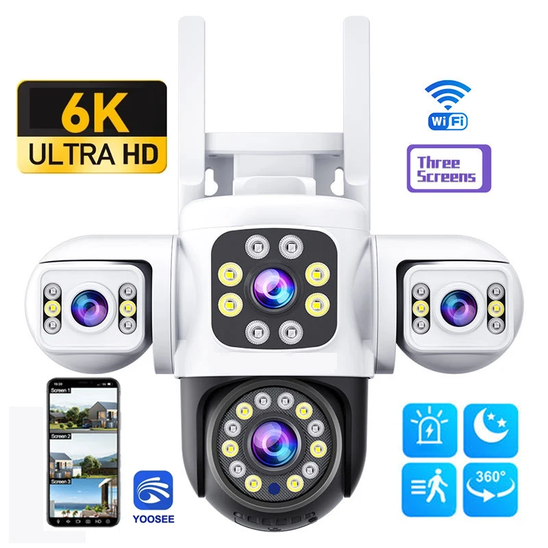 

Трехобъективная камера безопасности для улицы, беспроводная 360° ° Взор Wi-Fi Внешняя камера Домашняя безопасность Обнаружение человека Ночное видение Панорамирование Наклон