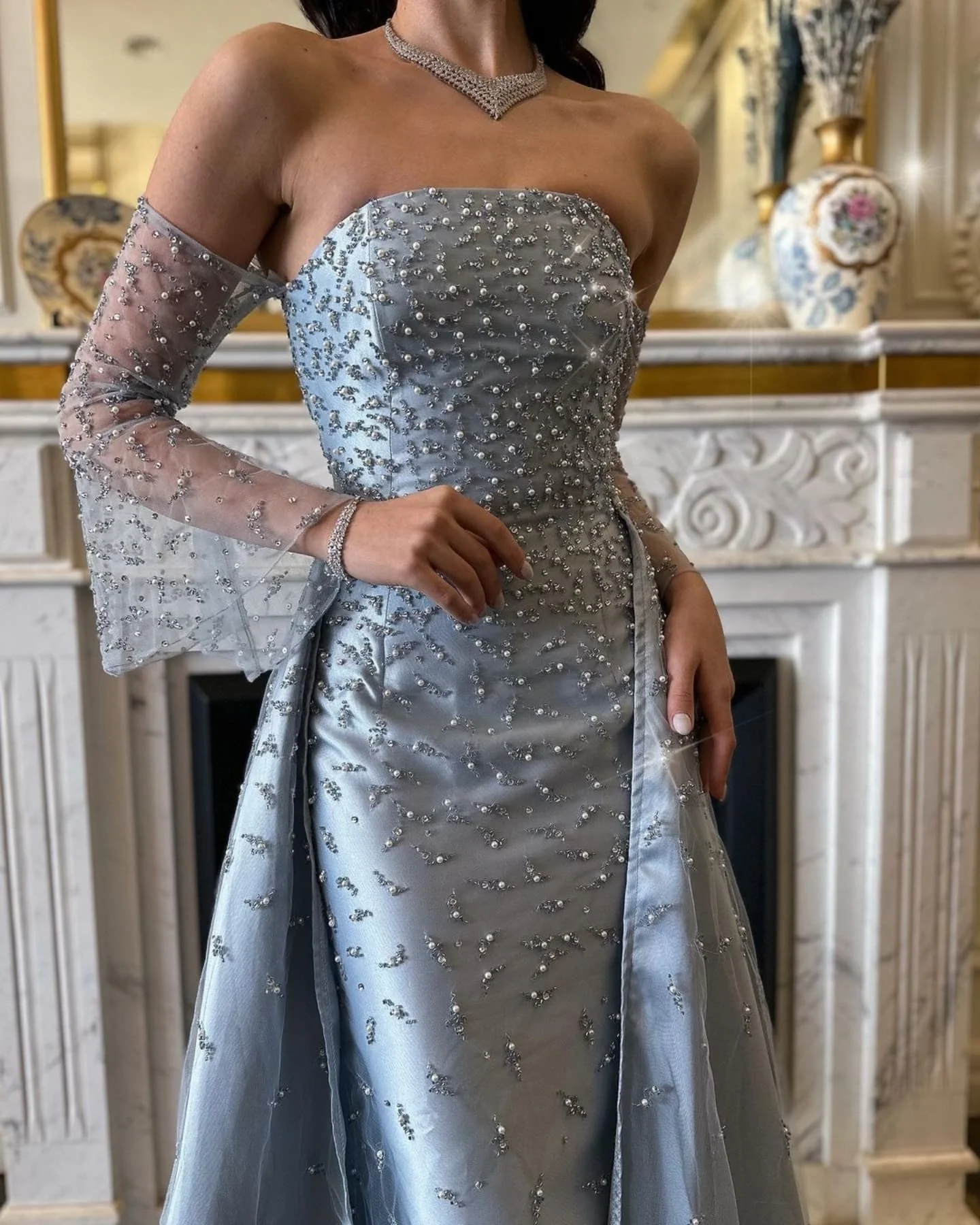 Customized Luxury Strapless Off the Shoulder Pearls Beading Evening Dress Exquisite Pleats Long Sleeves Blue Vestido De Festa