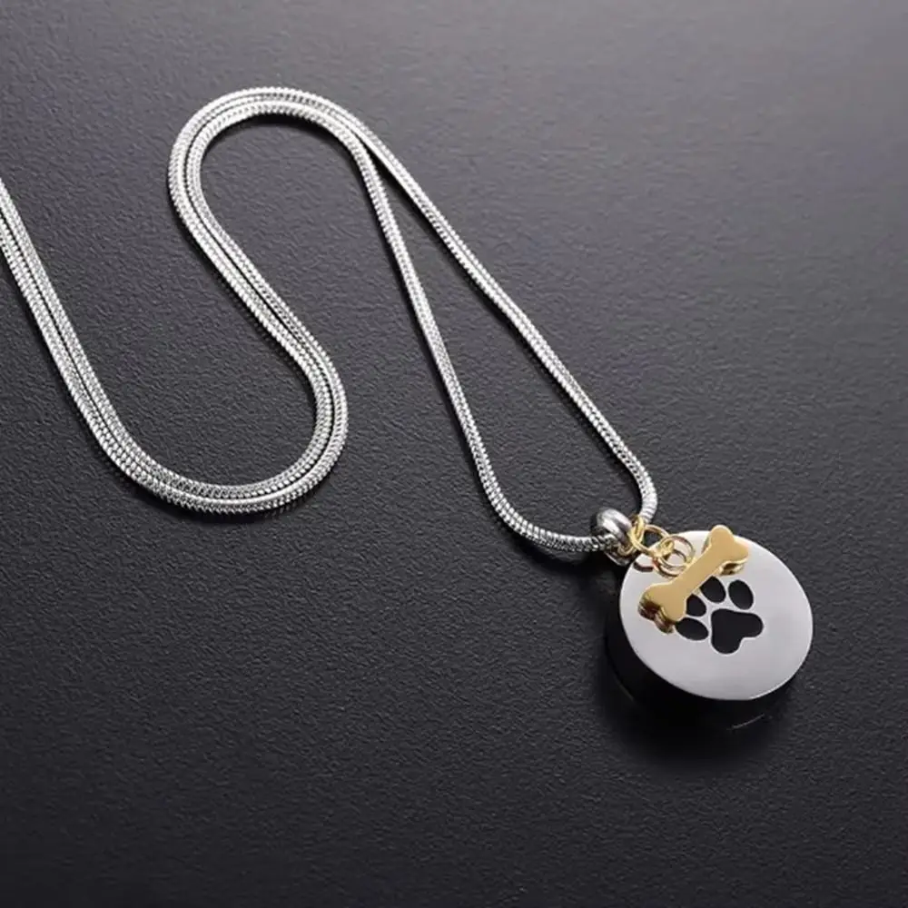 Fashion Paw Print Urn Necklace Stainless Steel Opeanable Cremation Jewelry Round Dog Bone Ashes Memorial Pendant Keepsake