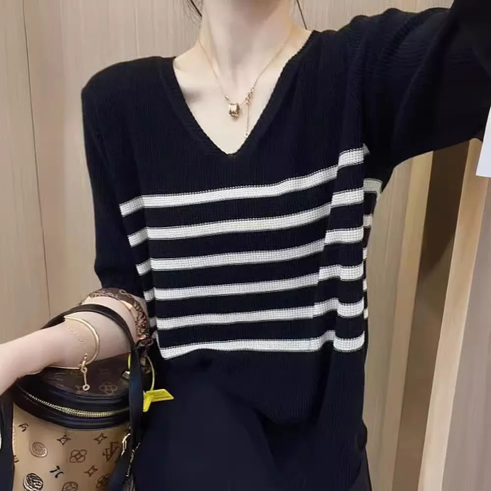 2024 New Summer Short Sleeve Striped pure cotton Short Sleeve Striped T-Shirts Women Knitted Casual Tops Female Cotton Tee Shirt