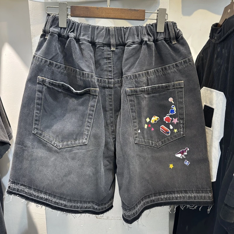 Men's Shorts Classic Cartoon Print Short Jeans Men Women Blue Black Loose Straight Elasticity Short Pants Knee Length Shortpant