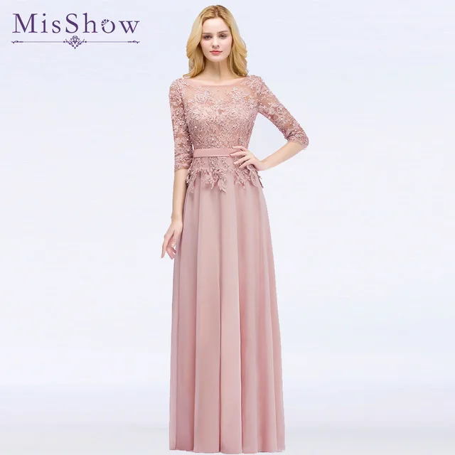 MisShow Navy Blue Mother of The bride Dresses Modest Lace 3/4 Sleeve Chiffon Long Banquet Evening Formal Gowns Robe De Soiree