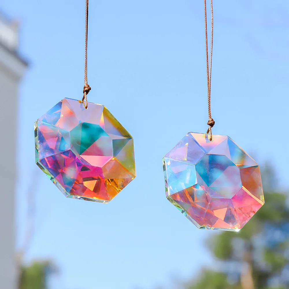 Camal 1Pcs 60mm Octagonal Crystal Suncatcher Hanging Pendant Rainbow Maker Prism Faceted Chandelier Replacement Parts Home Decor