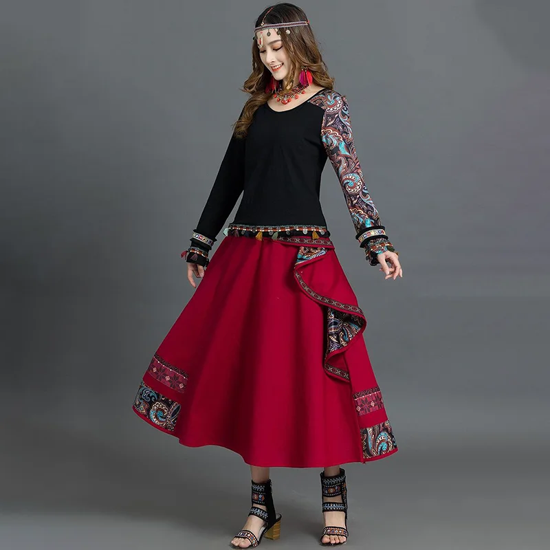 Chinesischen Stil Ethnische Vintage Frauen Lange Farbe Große Schaukel Röcke 2022 Neue Harajuku Asymmetrie Spleißen Faldas Jupe Longue Femme