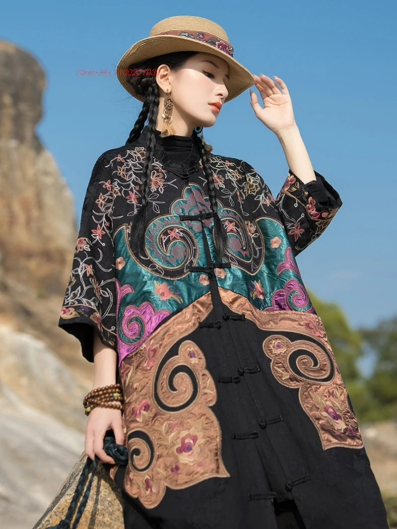 2024 national flower embroidery jacquard patchwork coat chinese vintage jacket traditional hanfu tops oriental ethnic long coat