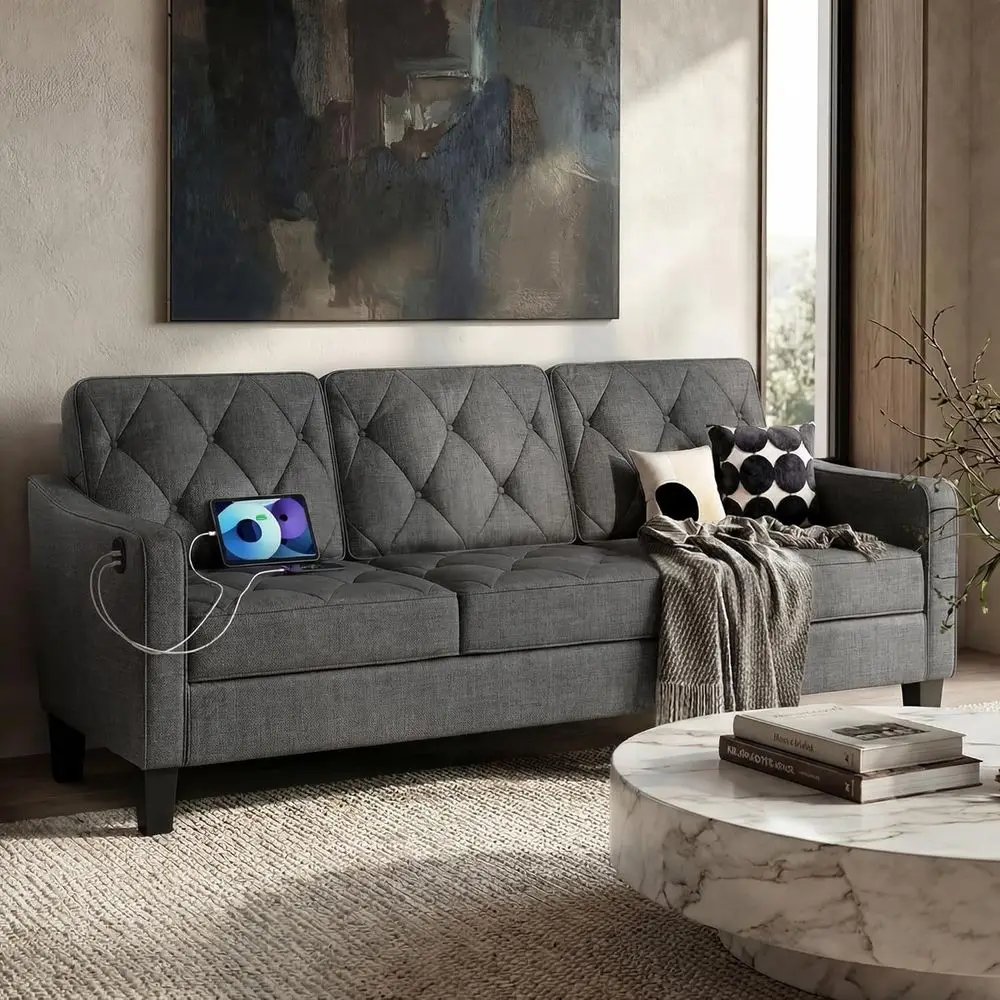 

83-дюймовый трехместный диван Century, маленький диван для гостиной или зоны ожидания, серый диван Comy или серый диван Aparent, стильный дизайн (серый)