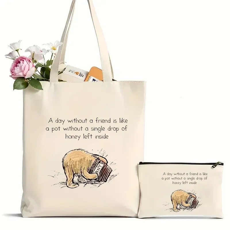 

2Pcs Cute Bear Pattern Printed Handbag Leisure Travel Beach Bag Large Capacity Shoulder Shopping Bag Bags for Women