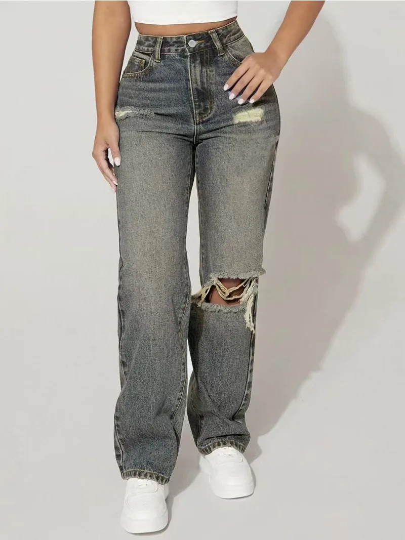 Y2K High Waist Ripped Wide Leg Jeans Women Vintage Washed Distressed Frayed Hem Denim Pants Streetwear Baggy Straight